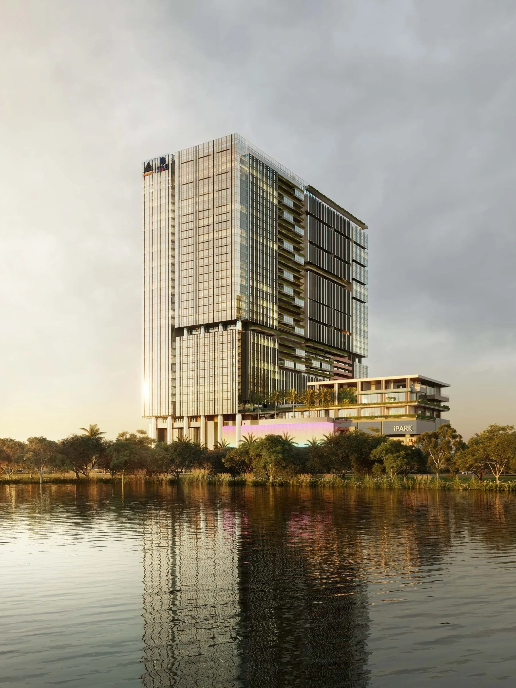 SAS iTower viewed across the lake at dusk